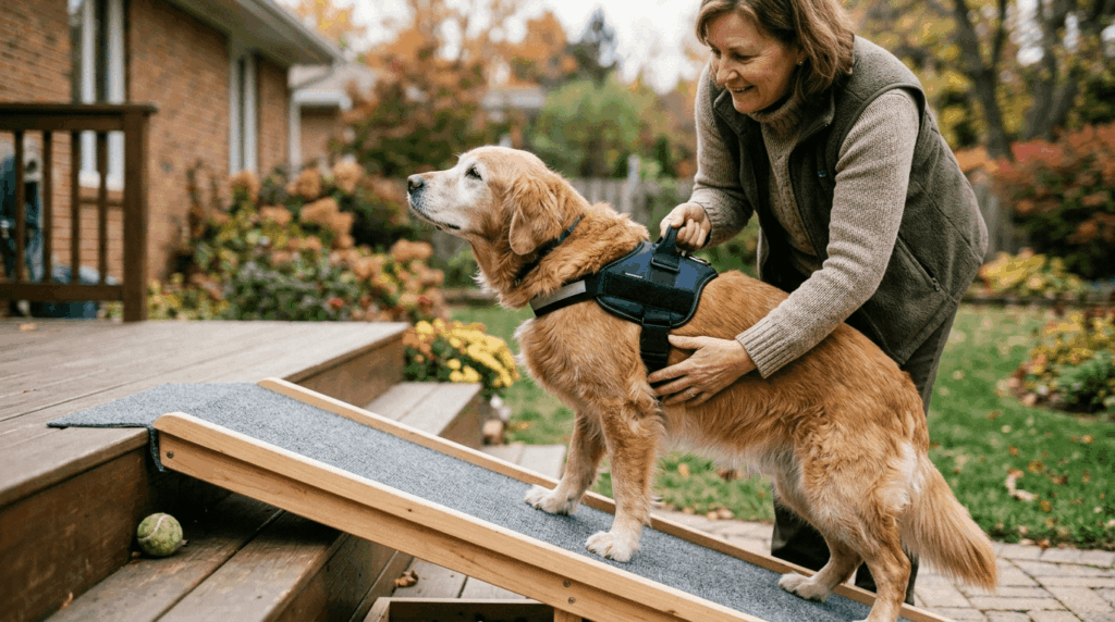 Aging dog mobility showing senior dog with mobility aids and supportive care