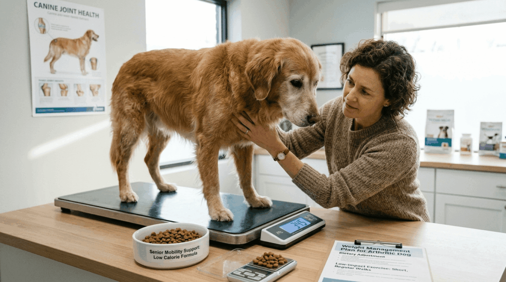Dog arthritis weight management showing senior dog with joint issues on healthy diet and exercise plan