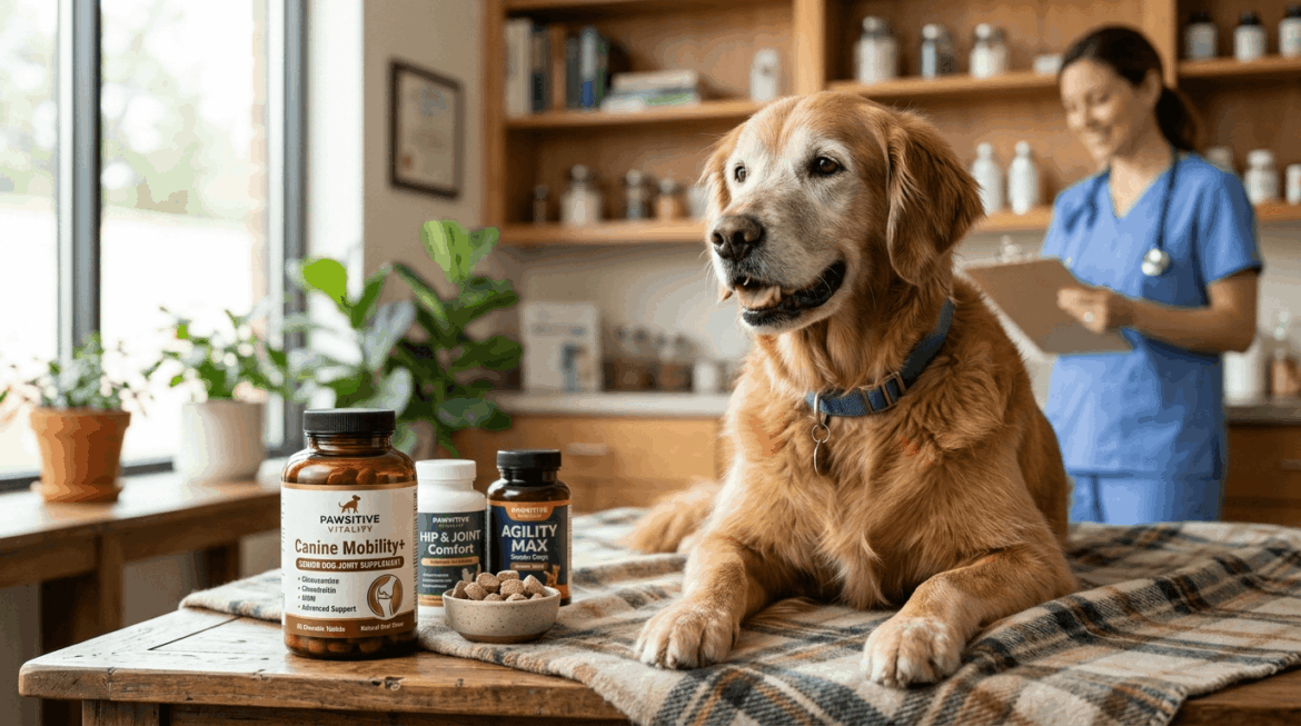 Joint supplement bottles and pills with senior dog showing healthy mobility care