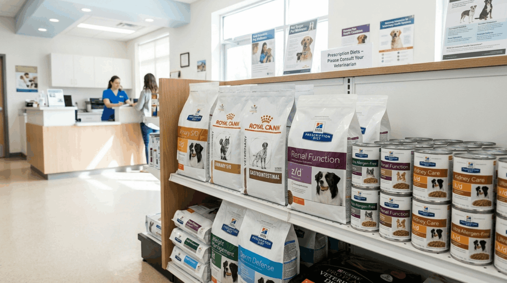 Prescription dog foods including veterinary therapeutic diet products for medical conditions