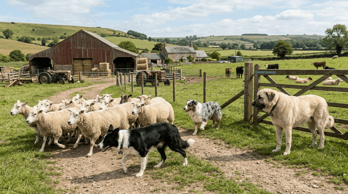 Best dog breeds for farm life including working dogs in rural farm setting