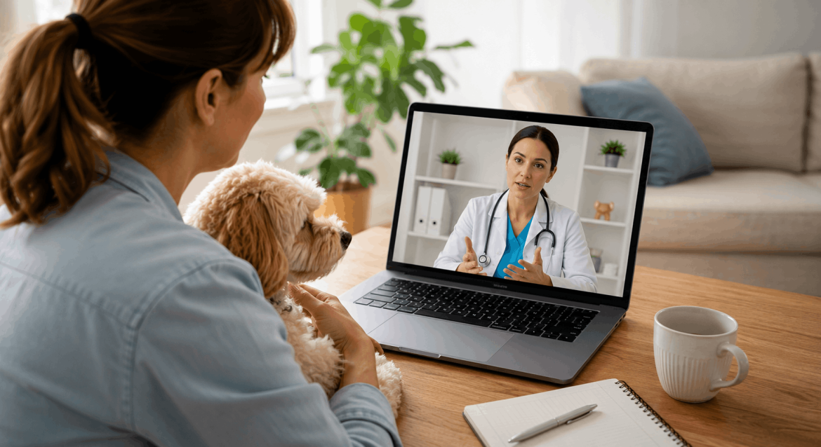 Pet owner holding her dog during an online video consultation with a veterinarian for trusted health advice.