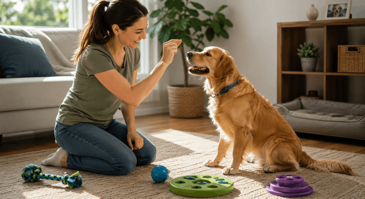 Dog owner practicing a positive daily training routine with her attentive dog to build calm, reliable behavior.
