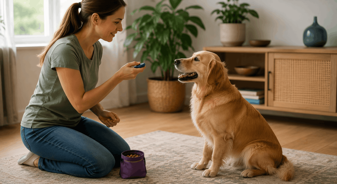 Dog owner using a clicker and treats to reward calm sitting behavior during a positive training session.